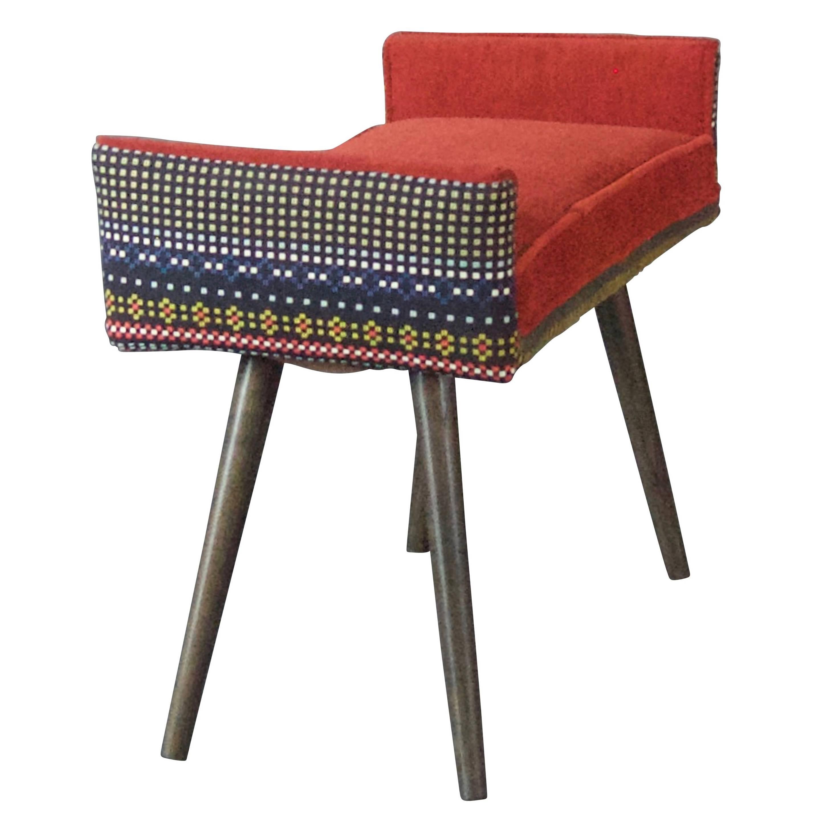 Studio Series:  Backless Vanity Size Stool in Folklorica with Flame Red Seat For Sale