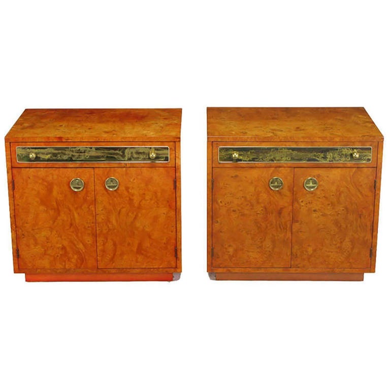 Rare Mastercraft Tangerine Burl Amboyna Nightstands with Acid Etch Detail For Sale