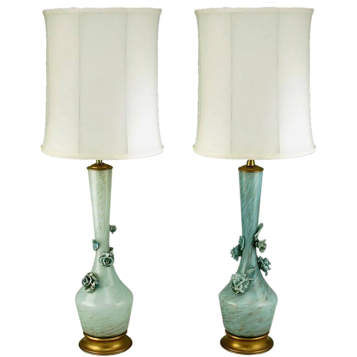 Pair of Marbro Blue Murano Glass Table Lamps with Rose Form Glass Appliques