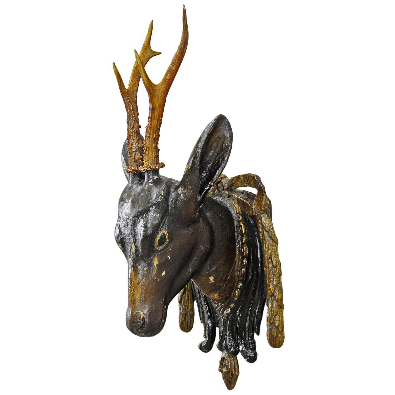 Carved Black Forest Wooden Baroque Roe Deer Head, circa 1850