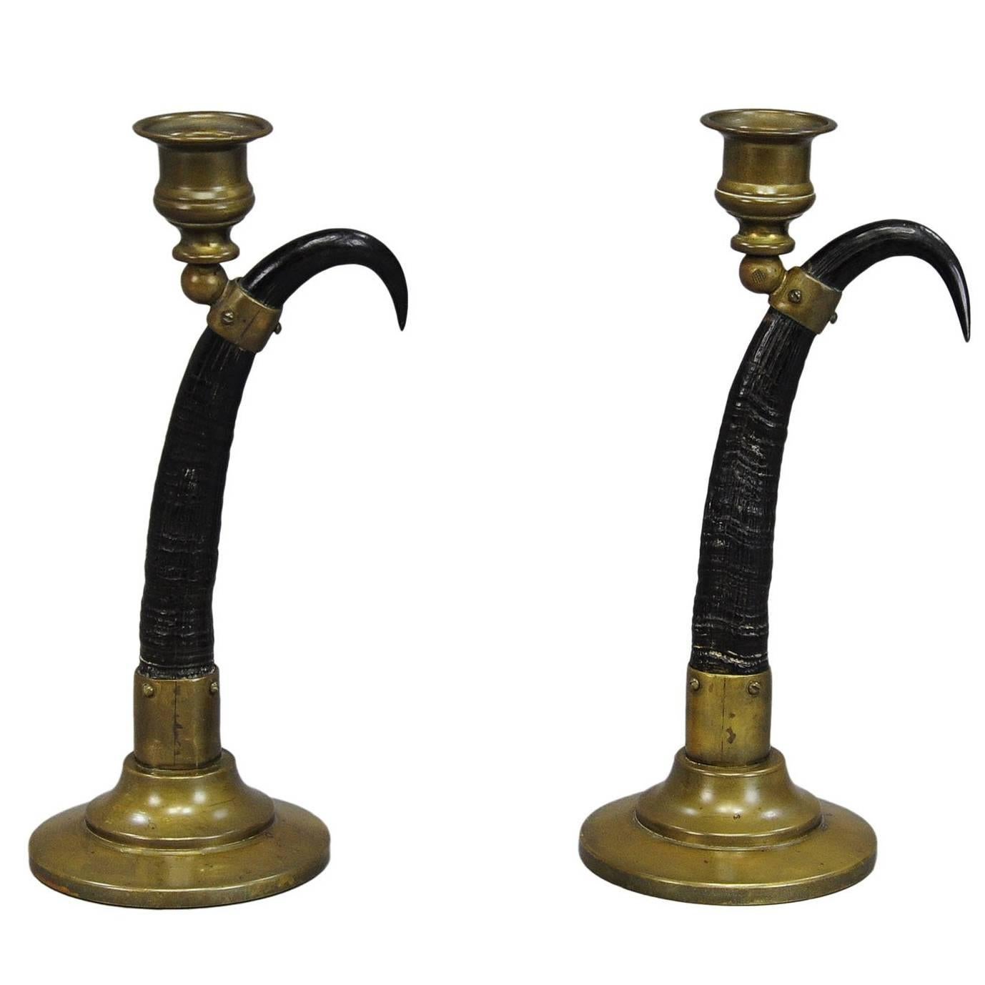 Pair of Black Forest Candlesticks with Real Chamois Horns, 19th Century
