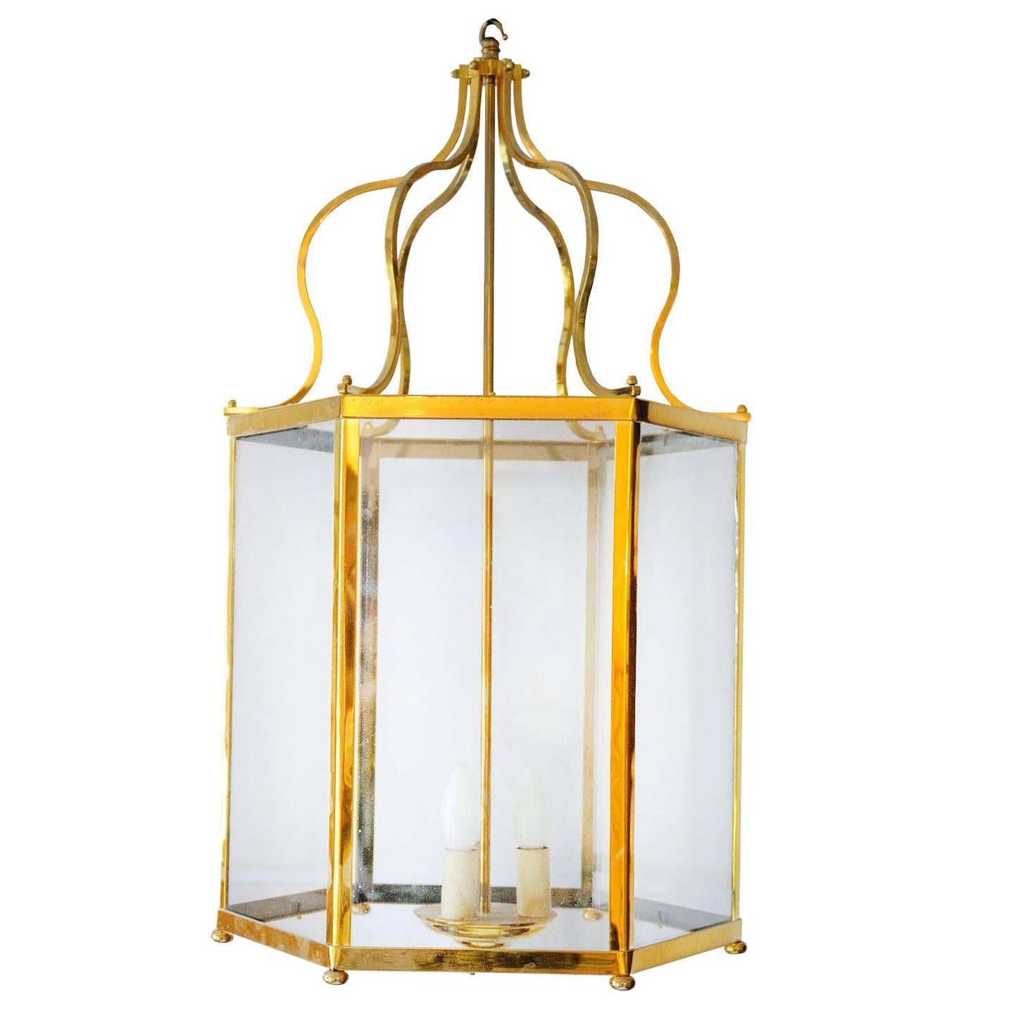 Large 18th Century Georgian Style Brass Frame Lantern, circa 1920 For Sale