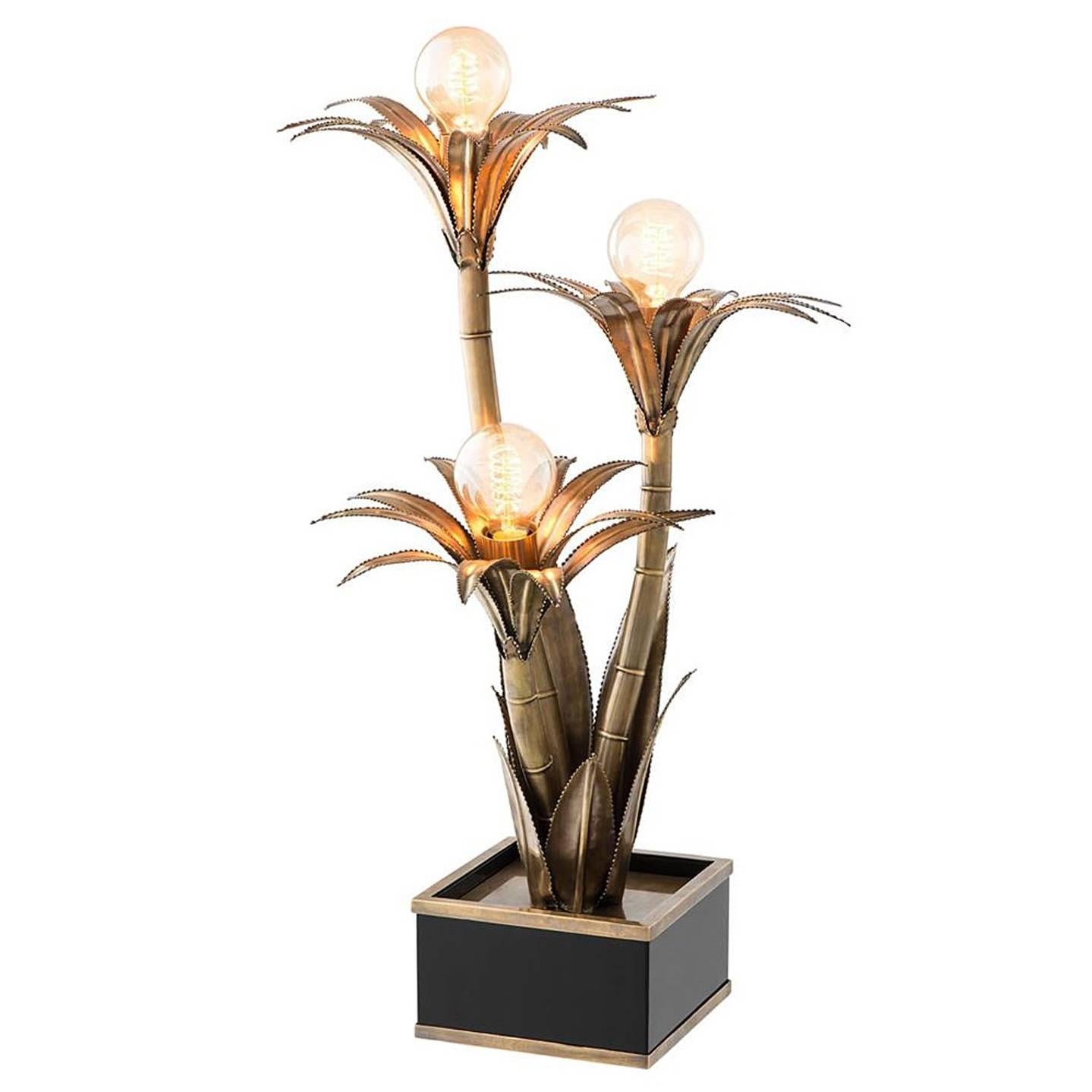 Palm Flowers Table Lamp in Vintage Brass For Sale