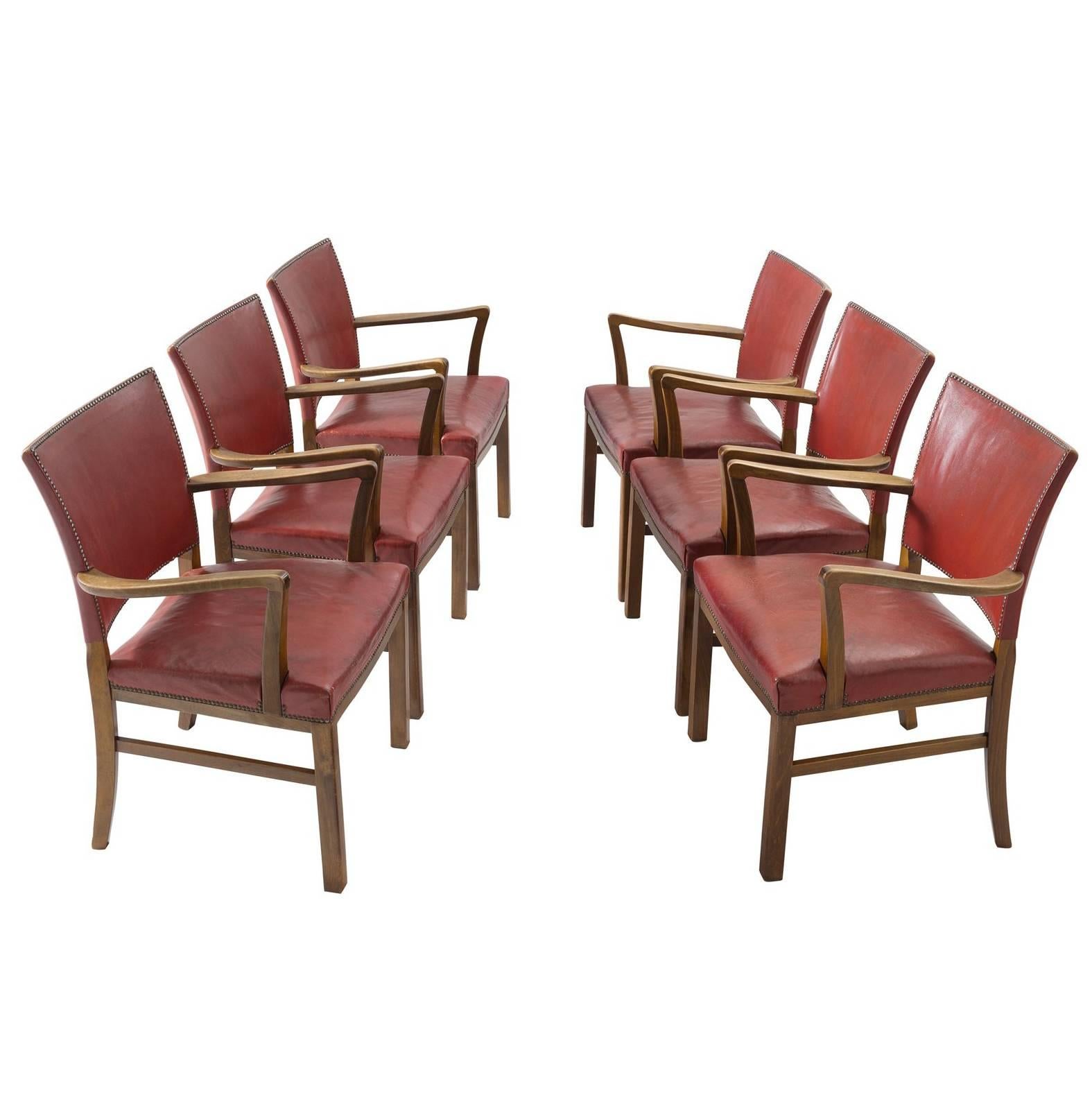 Set of Six Beech Armchairs with Red Leather