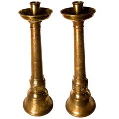 Stunning Pair of Arts and Crafts Copper Brass Candlesticks, 20th Century
