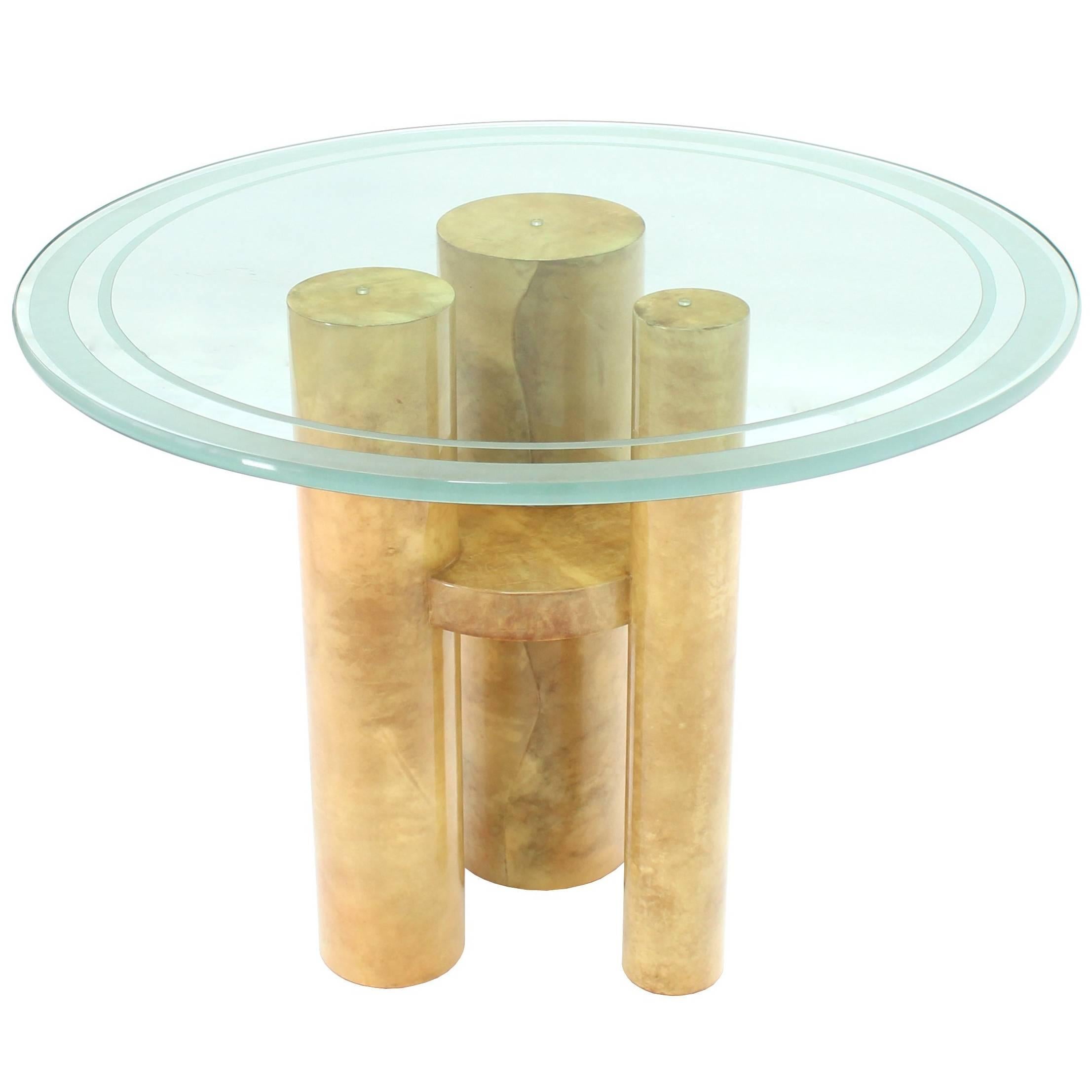 Round Glass Top Three Goatskin Wrapped Cylinder Base Gueridon Centre Table