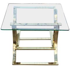 Vintage Modern Square Brass Side Table with Glass Top