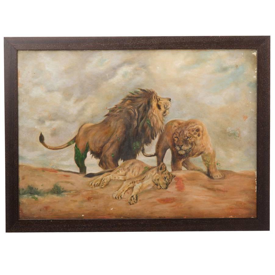 Framed Family of Lions Painting, circa 1940 For Sale