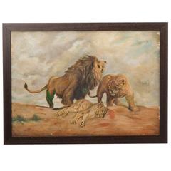 Framed Family of Lions Painting, circa 1940