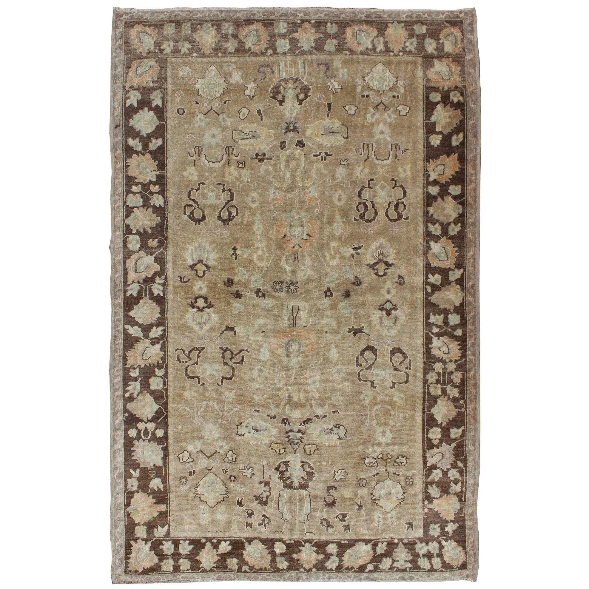 Vintage Turkish Oushak Rug with Floral Design in Chocolate Brown and Taupe