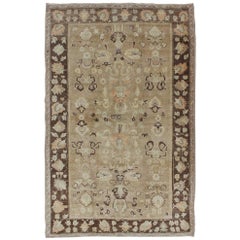 Vintage Turkish Oushak Rug with Floral Design in Chocolate Brown and Taupe