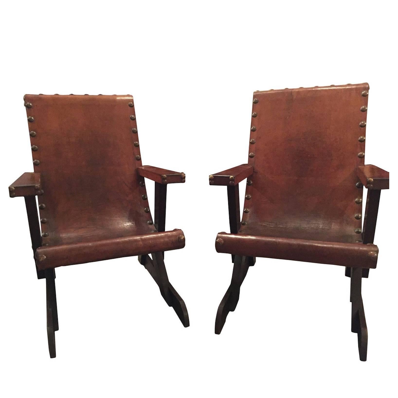Pair of Leather Chairs, France, Mid-Century