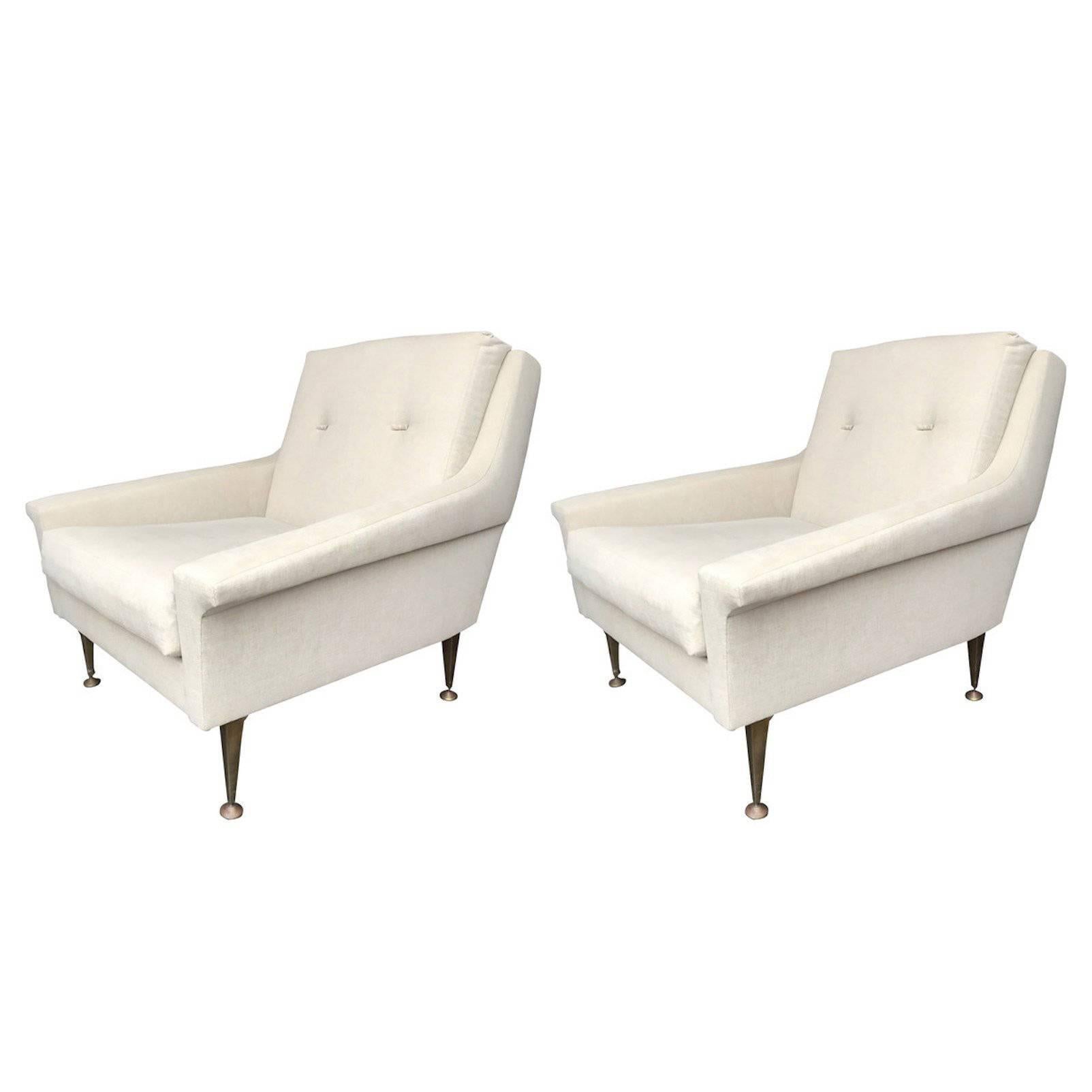 Mid-Century Italian Pair of Club Chairs with Brass Legs, Italy