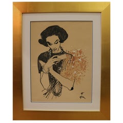Drawing of a Lady Receiving a Bunch of Flowers by René Gruau, circa 1957