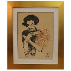 Drawing of a Lady Receiving a Bunch of Flowers by René Gruau, circa 1957 2