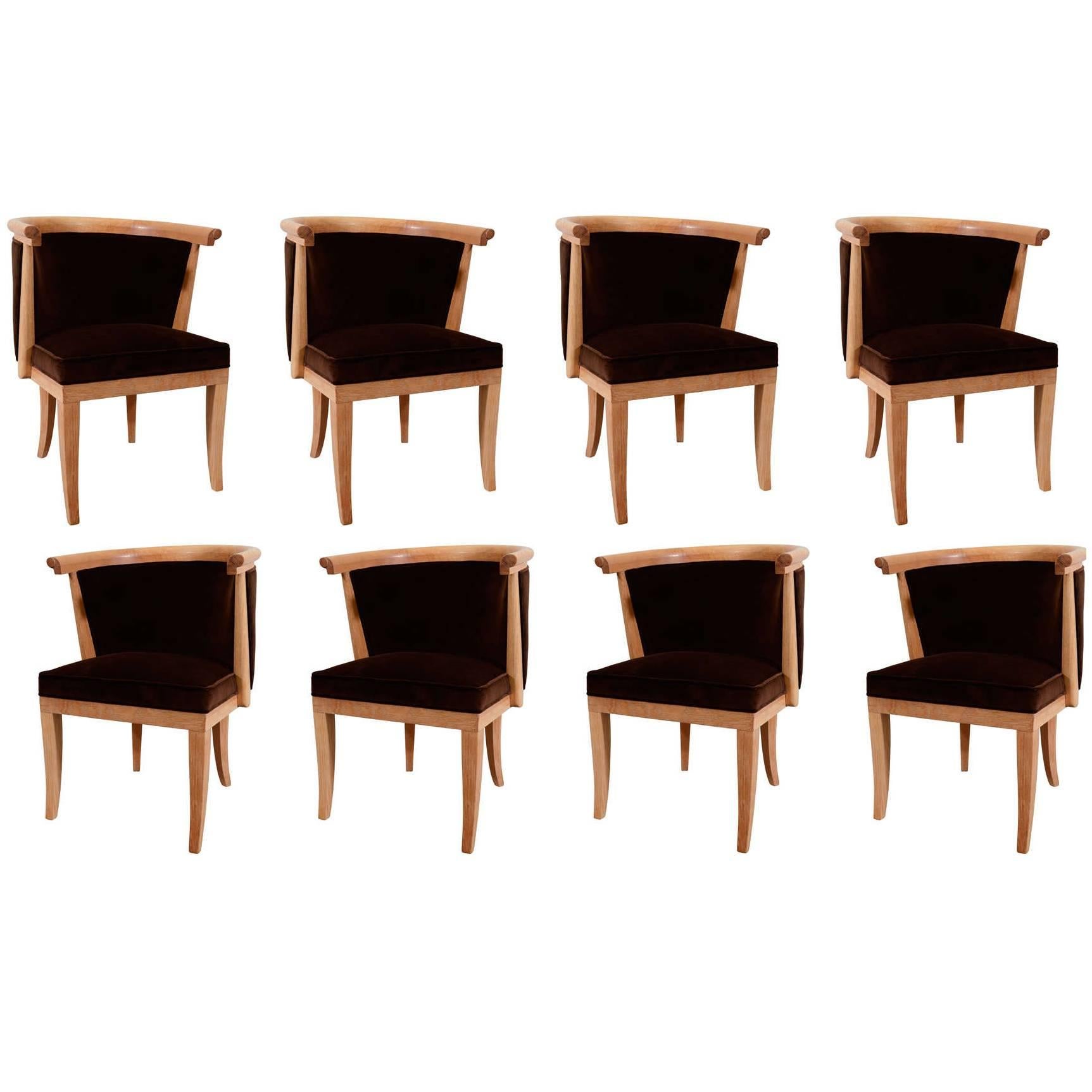 Eight Oak and Velvet Barrel Chairs by Romwebber For Sale