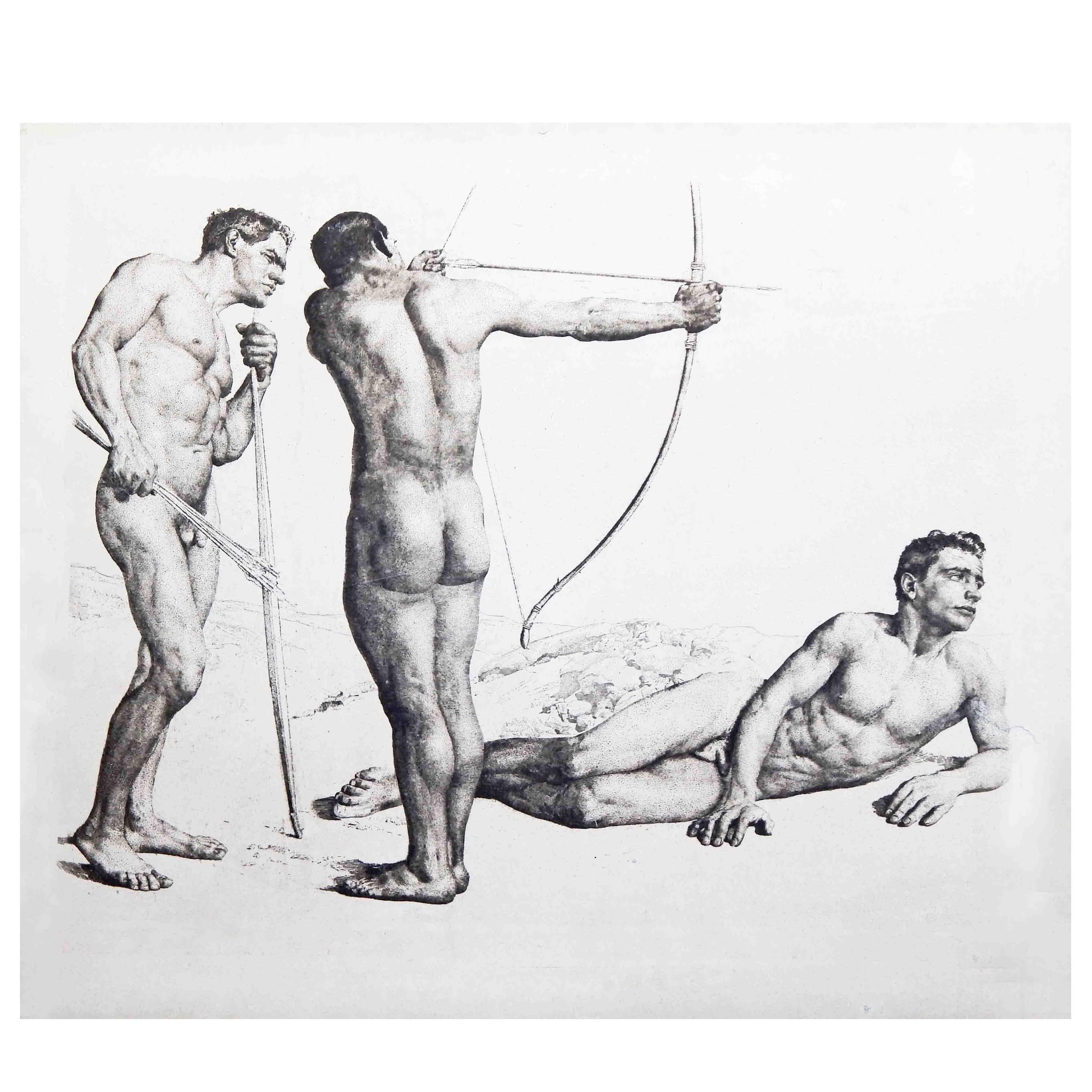 "Three Archers, " Large and Important Etching w/ Male Nudes by Wolfsfeld For Sale