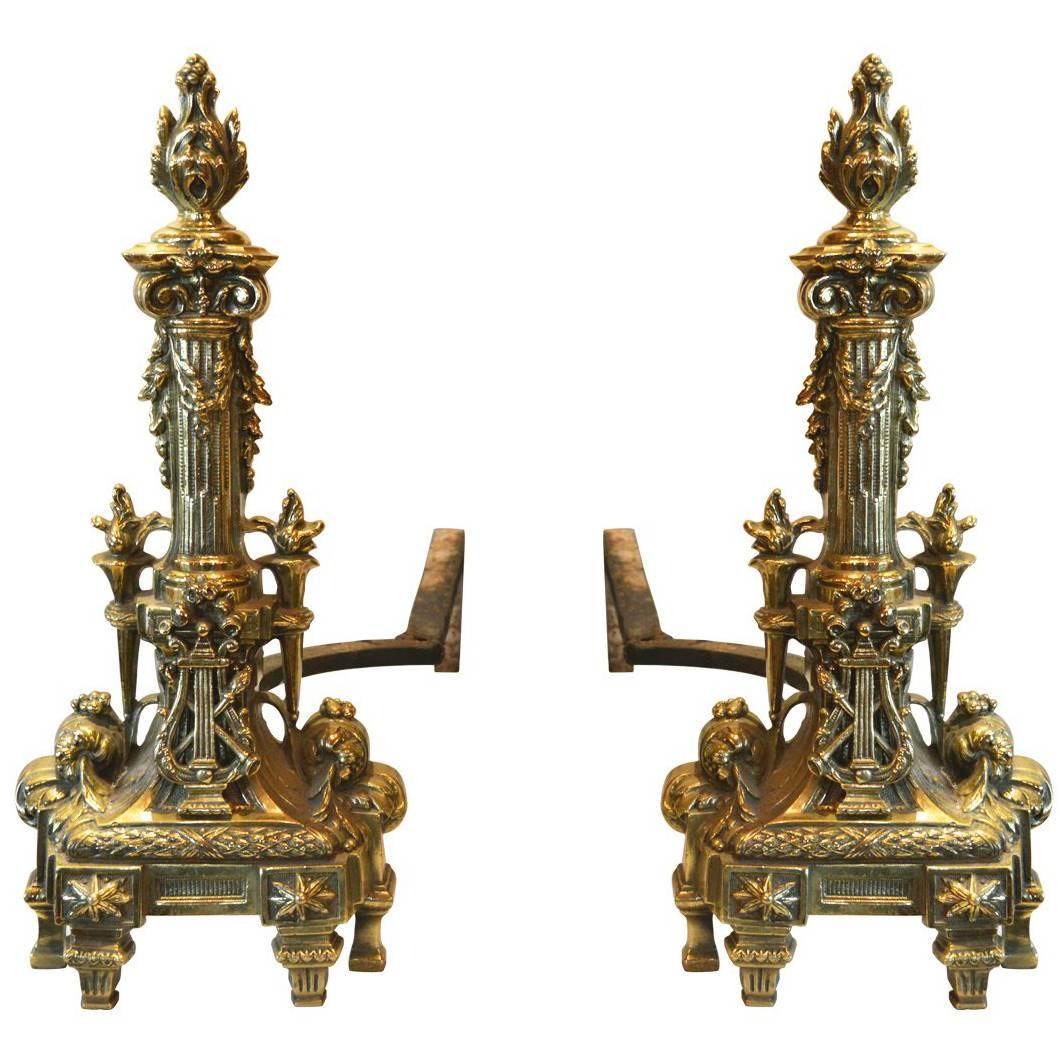 Antique Polished Brass Andirons For Sale