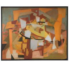 1970s Abstract Polychrome Oil on Panel by R. Bouretz