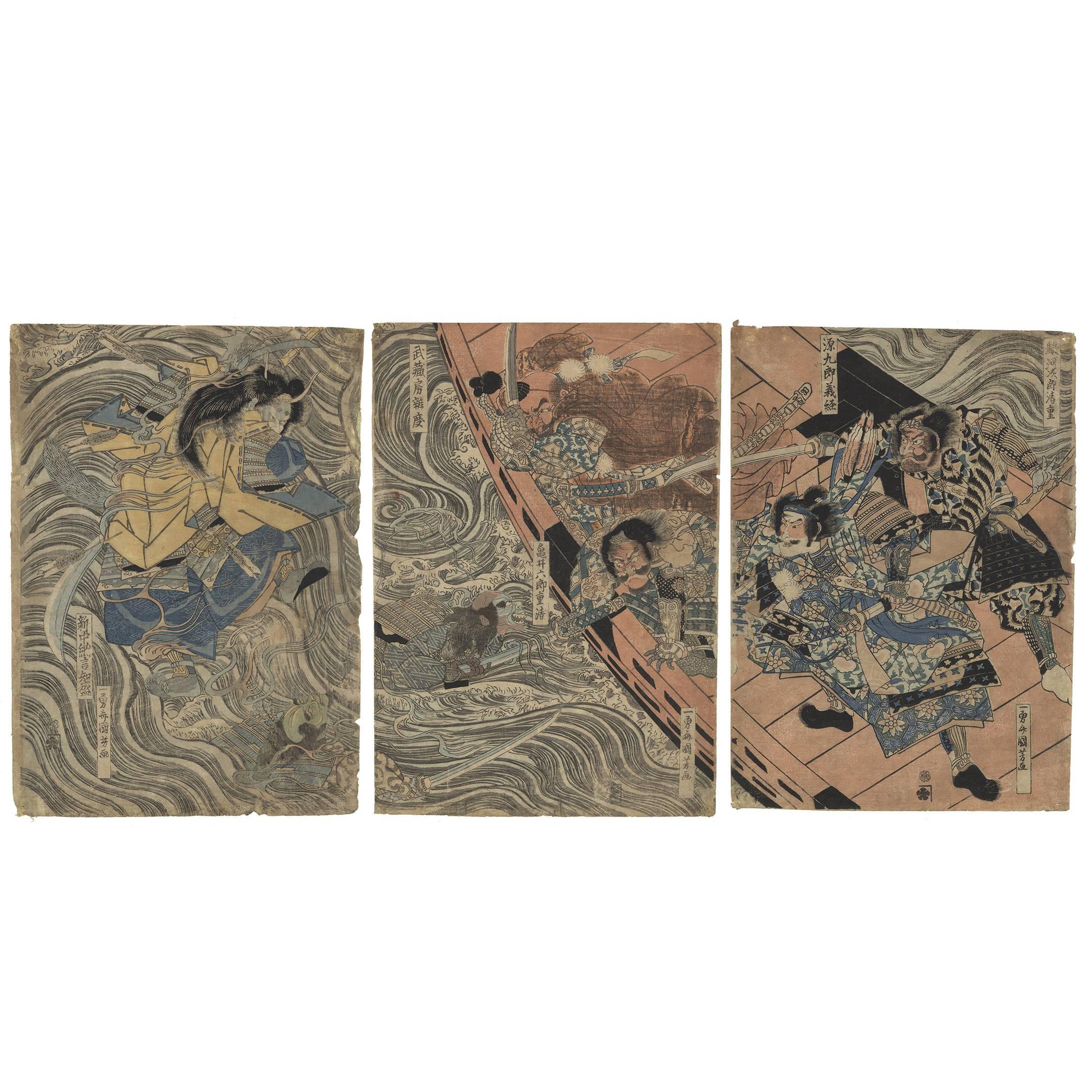 19th Century Utagawa Kuniyoshi Triptych Japanese Woodblock Print Ukiyo-e