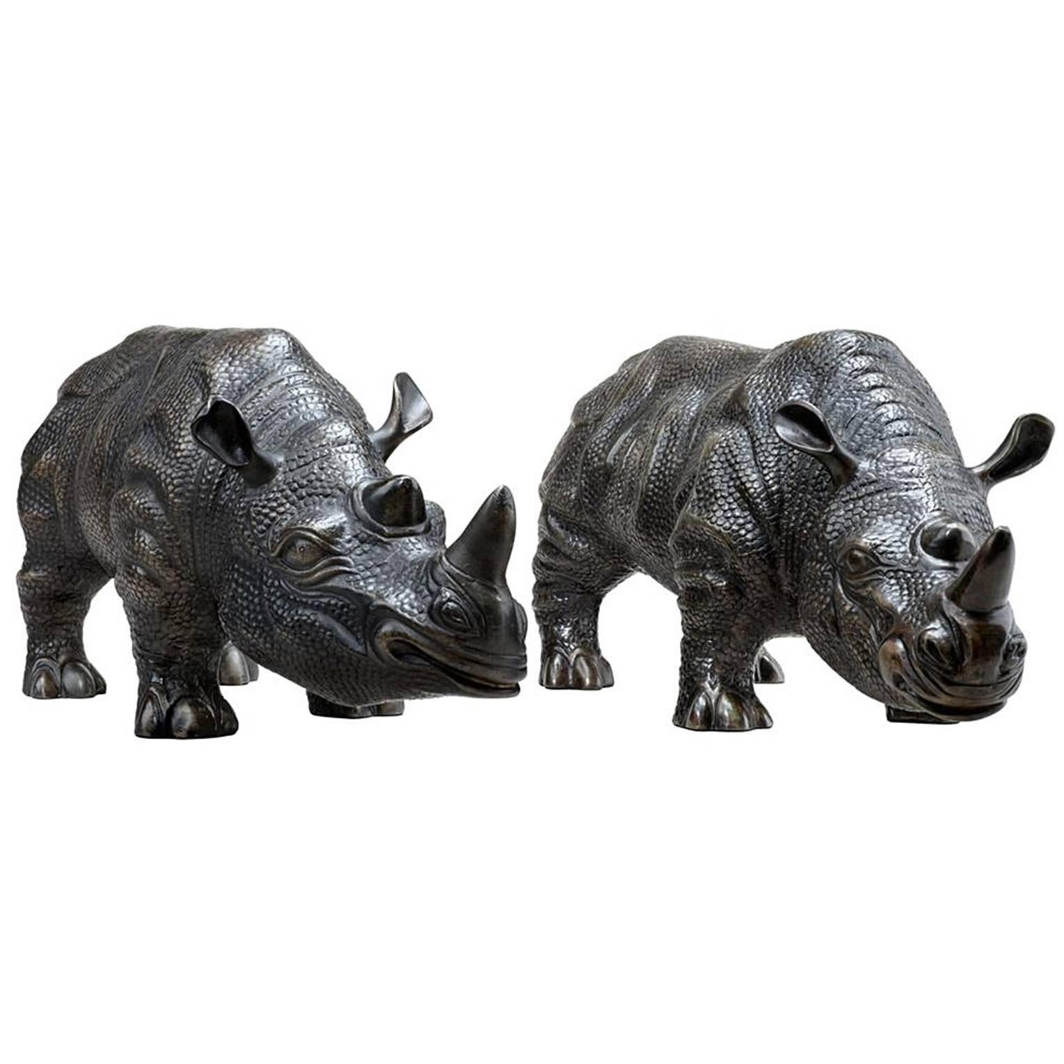 Rhino Set of Two Sculptures in Bronze