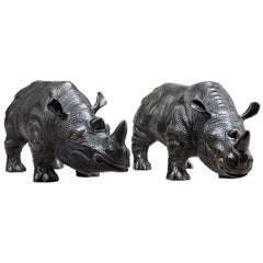 Antique Rhino Set of Two Sculptures in Bronze