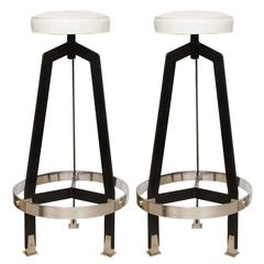 Pair of Stainless and Black Enameled Metal Bar Stools