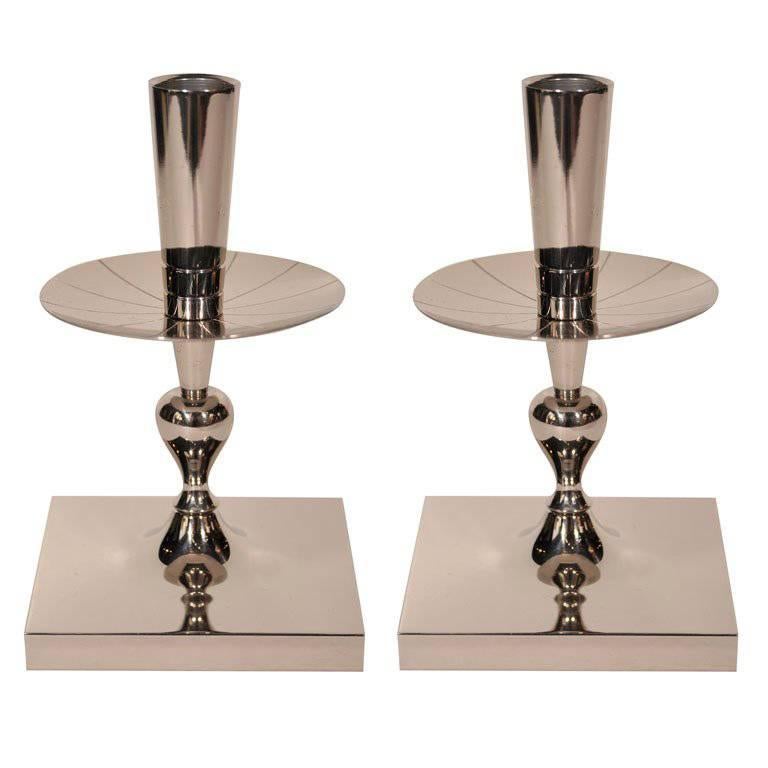 Pair of Tommi Parzinger Polished Nickel Candlesticks