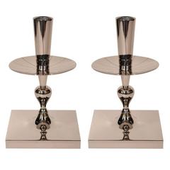 Pair of Tommi Parzinger Polished Nickel Candlesticks 9