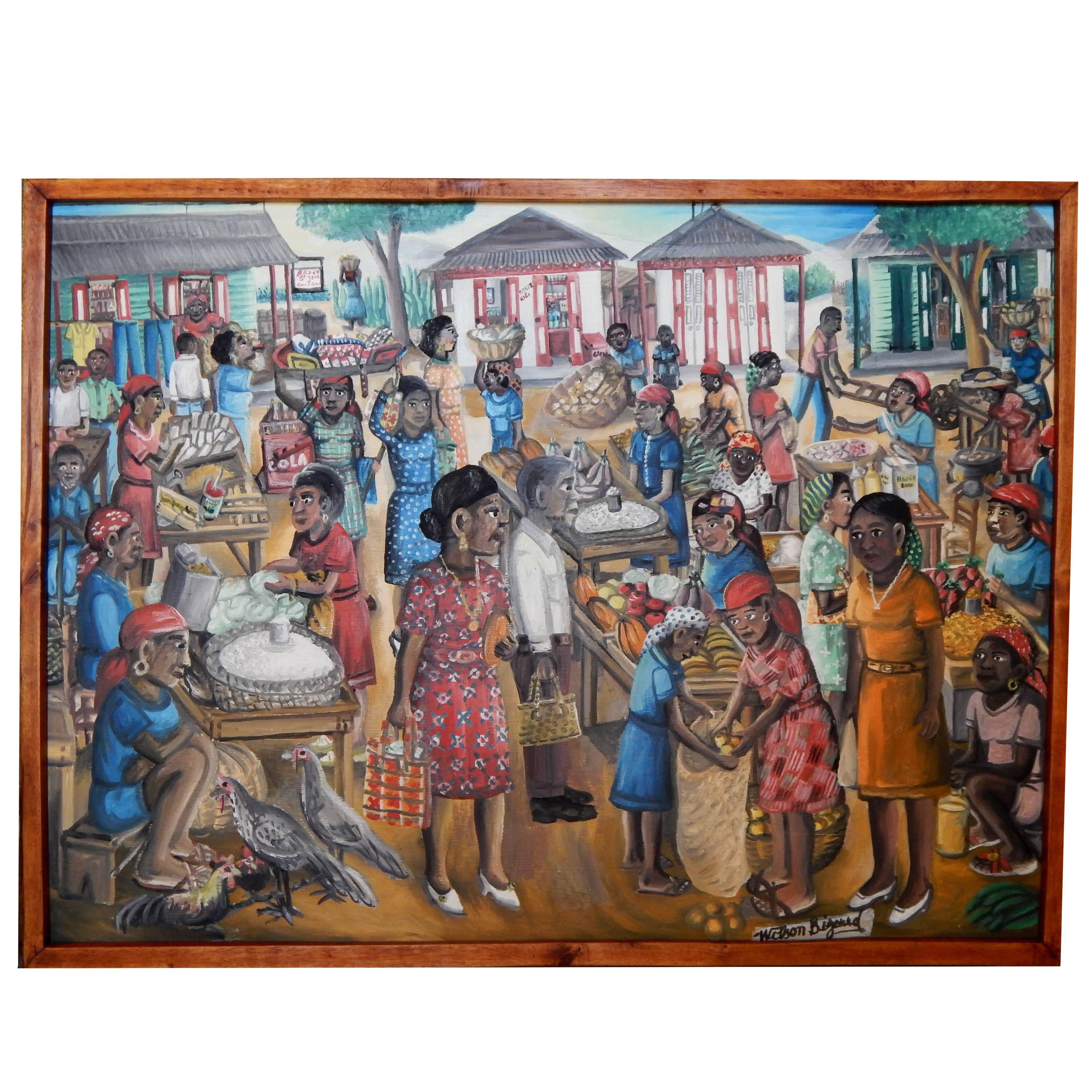 Haitian Artist Wilson Bigaud Painting -Village Scene, Market Day