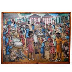 Peinture de l'artiste haïtien Wilson Bigaud - Scène de village:: jour de marché