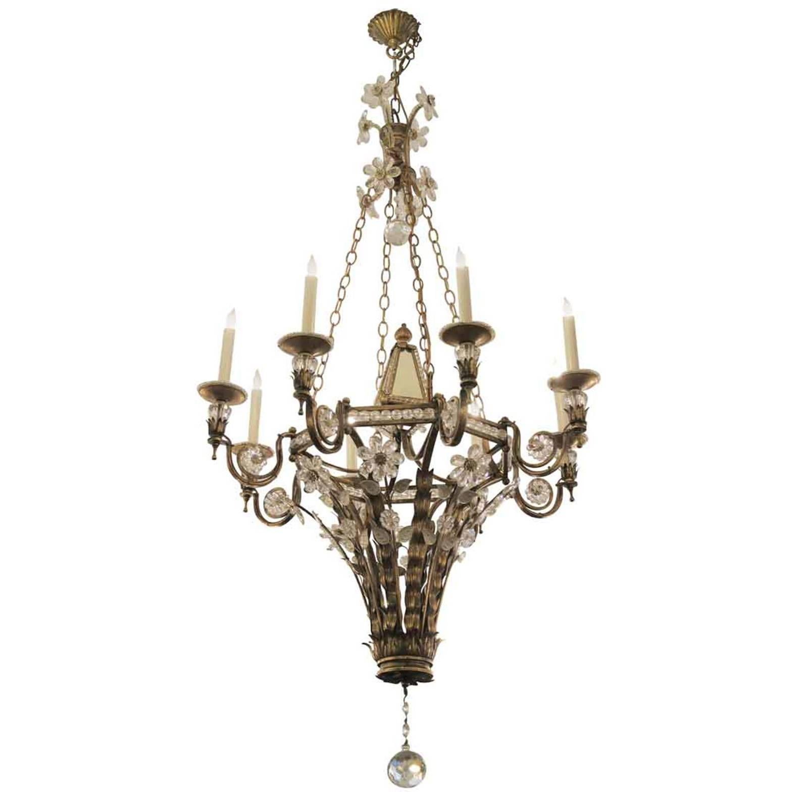 Wrought Iron and Crystal Floral Eight-Arm Mirrored Chandelier with Ball Finial