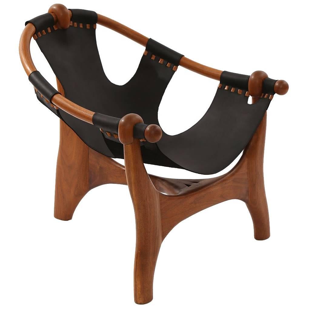 Esther Hughes Walnut and Black Leather 1970s Sling Chair