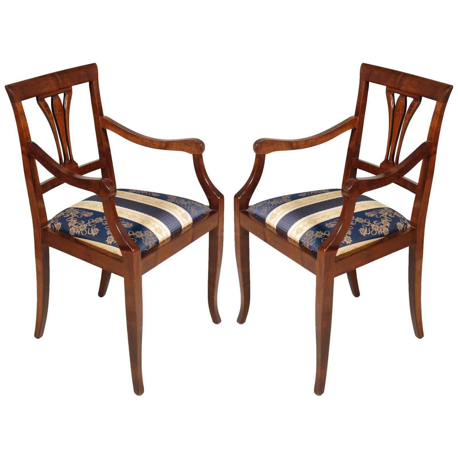 Mid-Century Pair Art Deco Chairs with Armrchairs in Solid Walnut and Burr Walnut