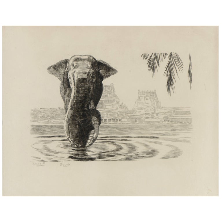Elephant of Madura Temple, Original Etching by Paul Jouve, circa 1930 For Sale