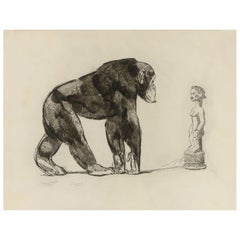 Chimpanzee in Front of Baoulé Statue, Original Etching by Paul Jouve, circa 1931