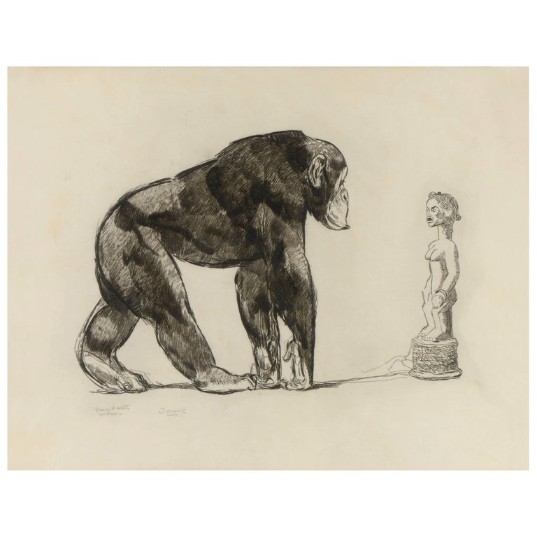 Chimpanzee in Front of Baoulé Statue, Original Etching by Paul Jouve, circa 1931 For Sale