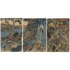 Triptych Kuniyoshi Utagawa Japanese Woodblock Print Late 18th Century, Ukiyo-e