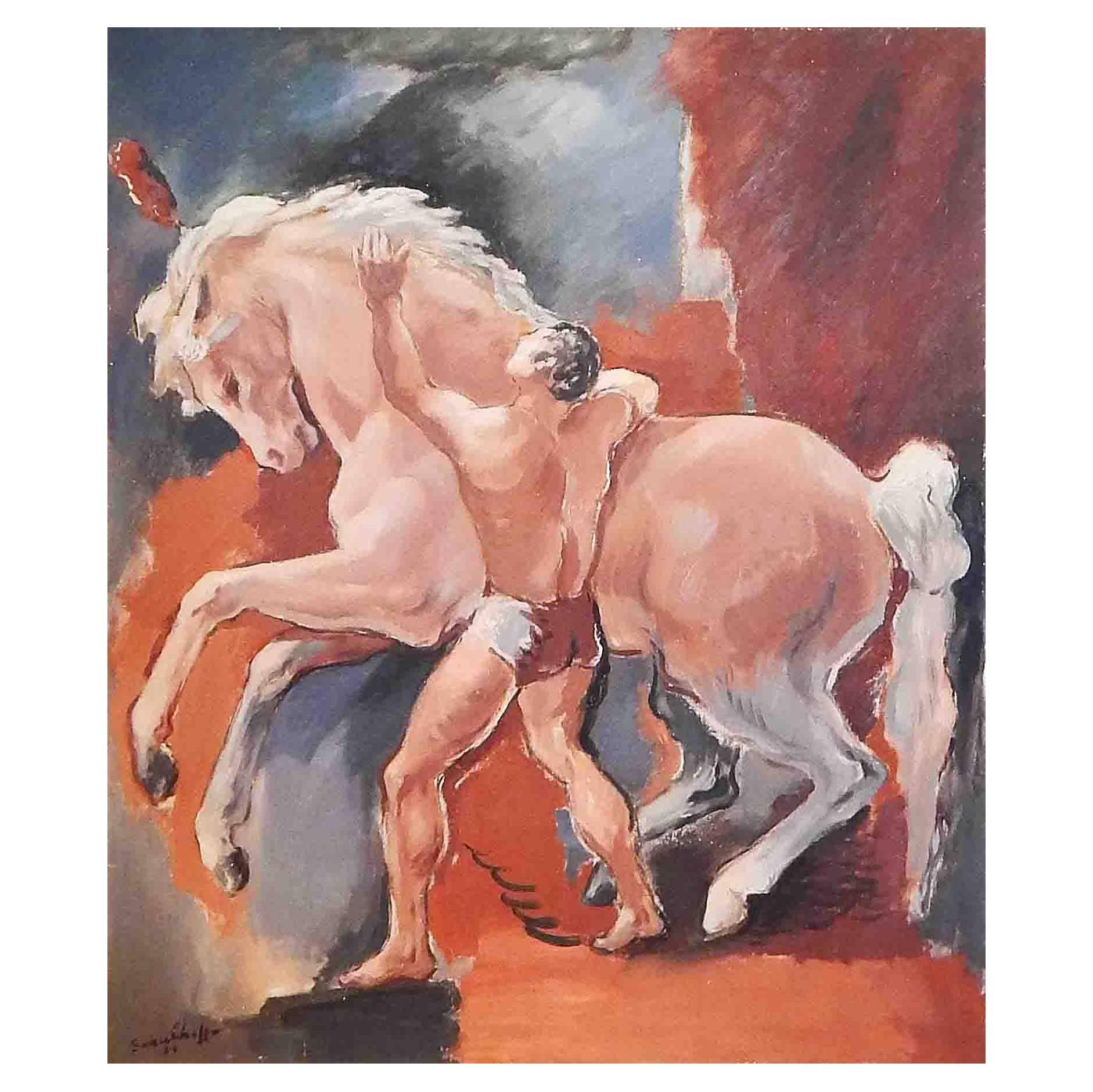 "Acrobat and Circus Horse, " Vivid WPA-Era Painting with Semi-Nude Performer For Sale