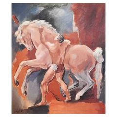 "Acrobat and Circus Horse, " Vivid WPA-Era Painting with Semi-Nude Performer