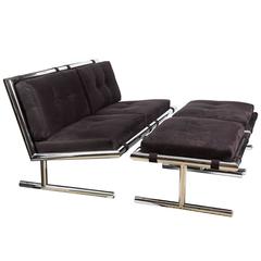 Fabulous Settee and Pair of Ottomans in Polished Chrome & Ultrasuede