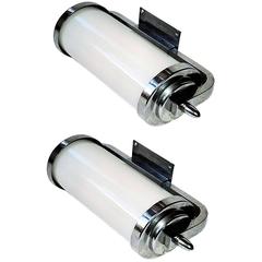 Art Deco Pair of Wall Lights Chrome Fittings Milky White Glass Shades