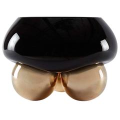 Handblown Black Glass Bowl with Bronze Feet