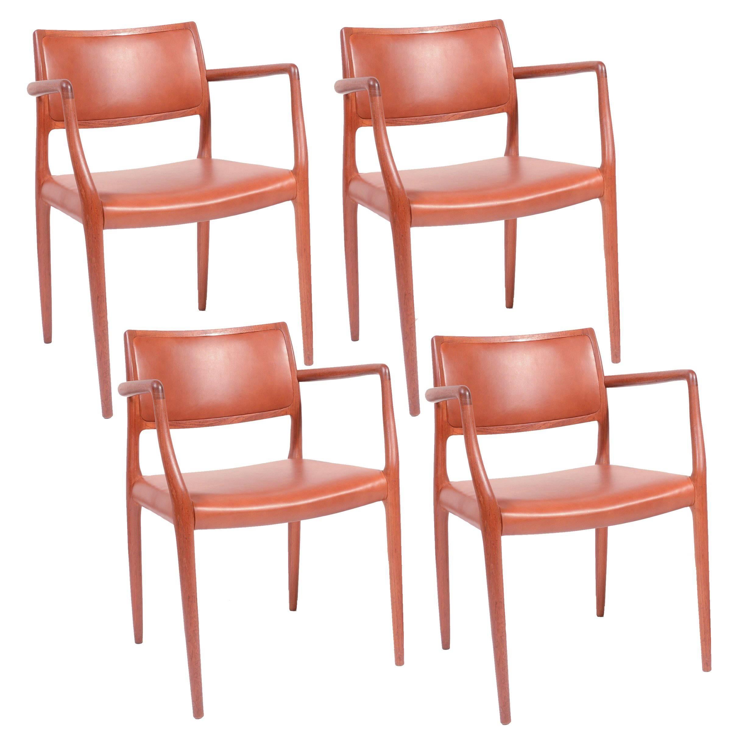 Set of Four J.L. Møller Model 80 Dining Chairs by Niels Møller in Leather