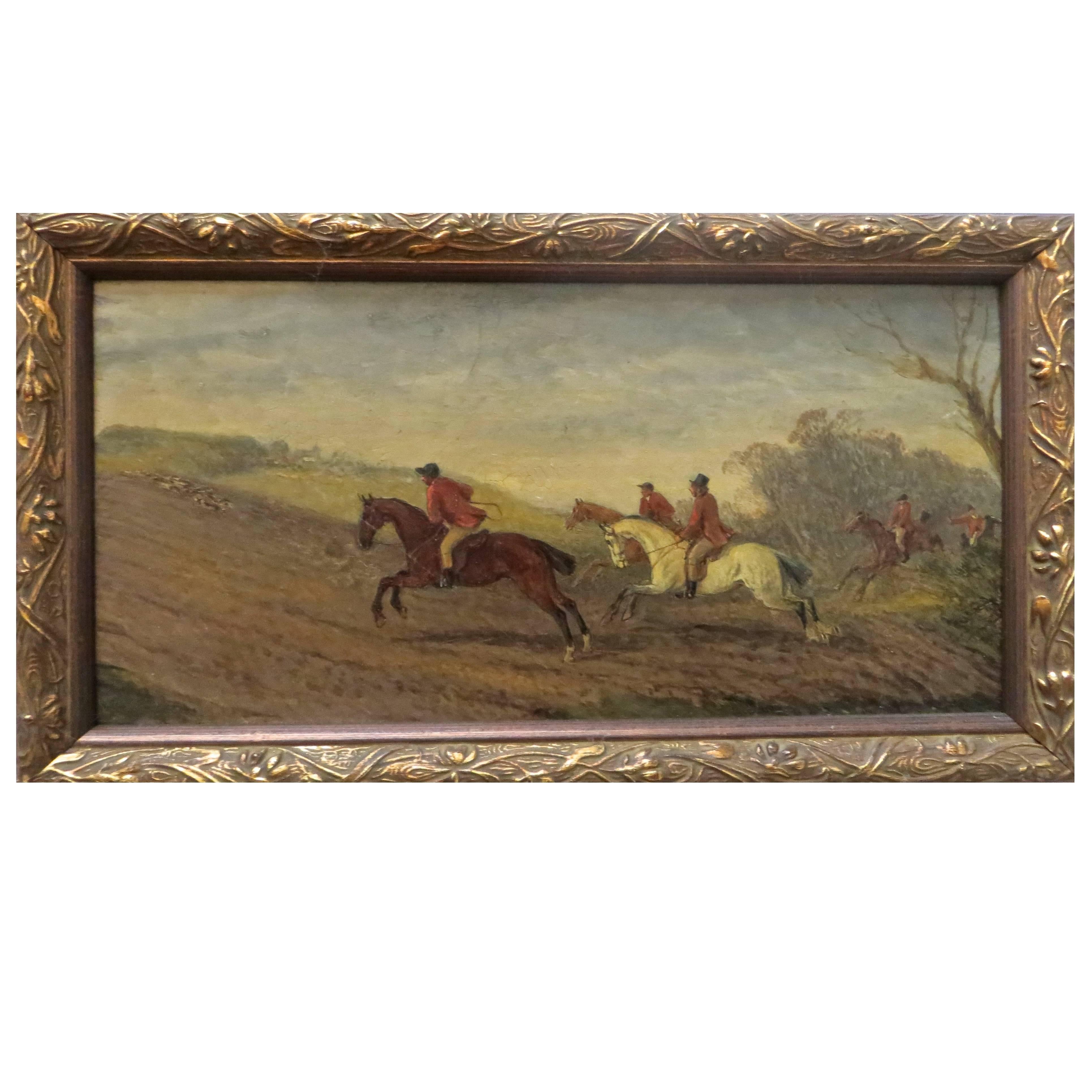 Early 19th Century English Hunting Scene Oil on Board
