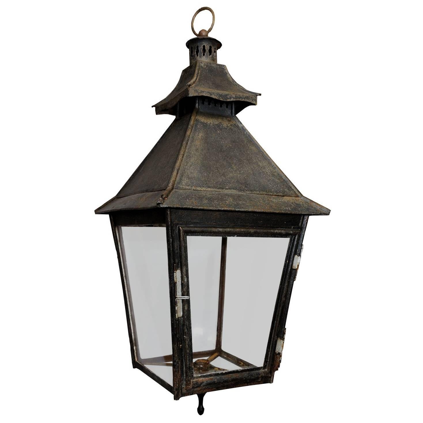 French Early 19th Century Painted Tole Hanging Hall Lantern, circa 1840 For Sale