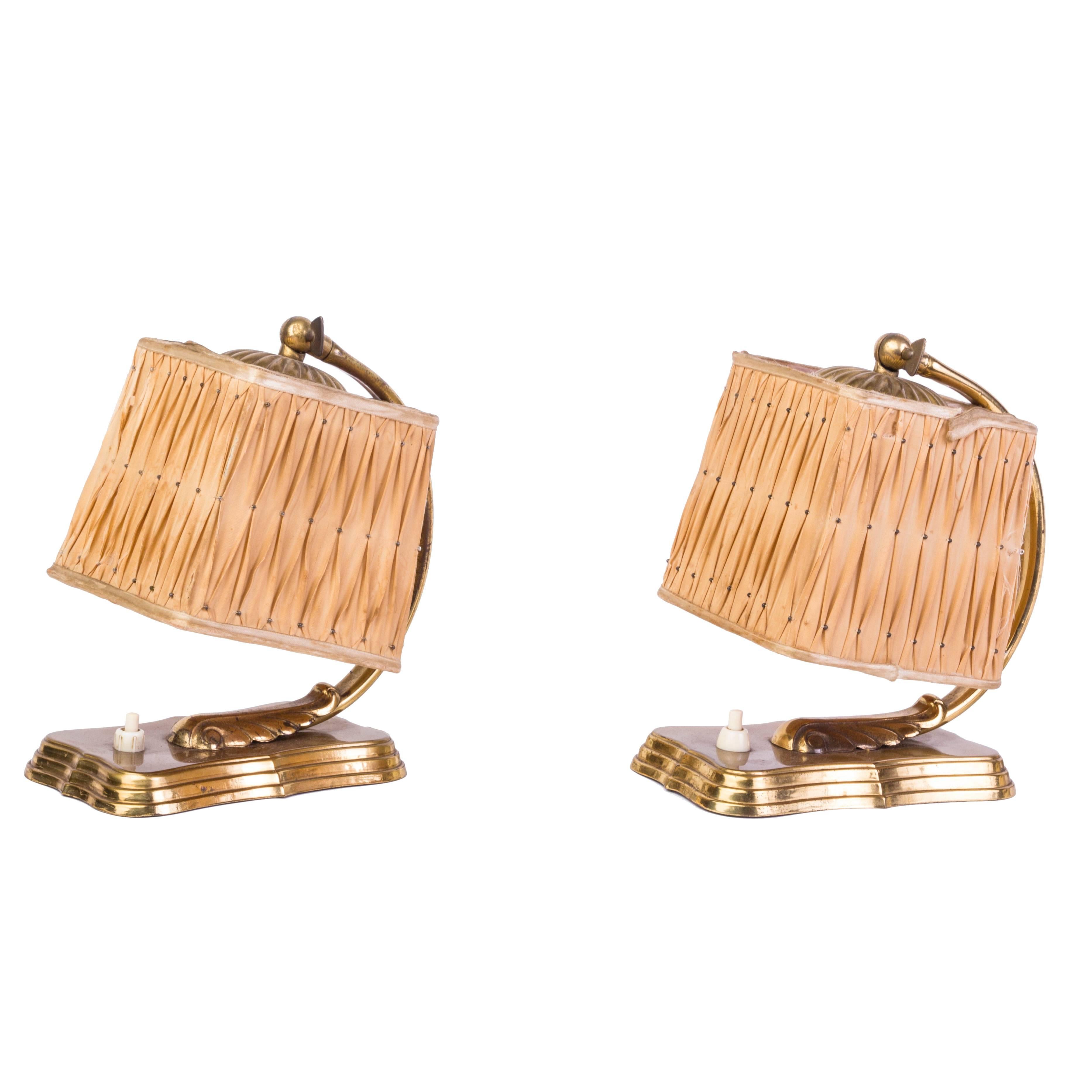 Gorgeous Pair of 1940s Silk and Brass Hollywood Regency Bedside Lamps