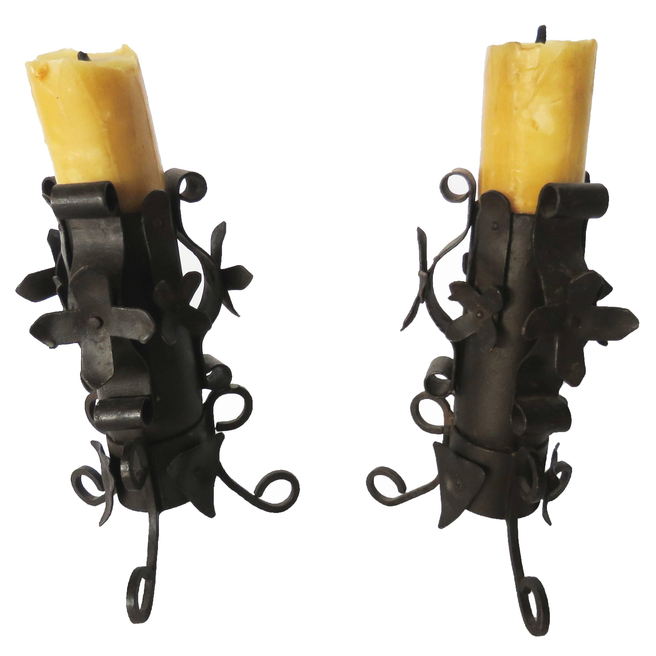Art Nouveau Pair Wrought Iron Candlesticks For Sale