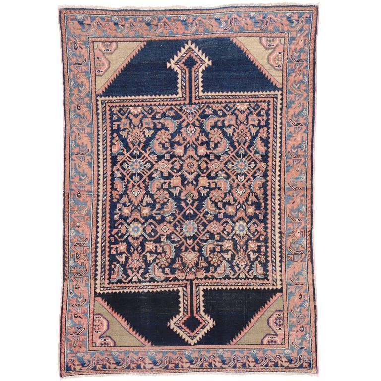 Antique Persian Malayer Rug with Pink Motifs in a Blue Field For Sale at 1stdibs