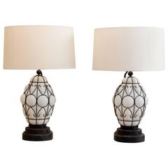Pair of Vintage Italian Caged-Glass Lanterns as Custom Table Lamps